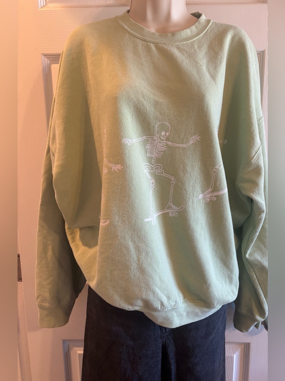 Urban Outfitters Light Green Crewneck with White Skate Skeleton Graphic